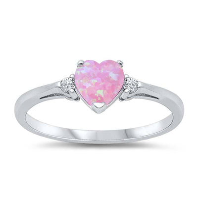Sterling Silver Trendy Pink Opal Heart Ring with Clear CZ on Both SidesAnd Face Height 6 mm