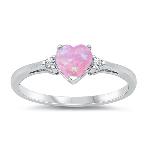 Sterling Silver Trendy Pink Opal Heart Ring with Clear CZ on Both SidesAnd Face Height 6 mm