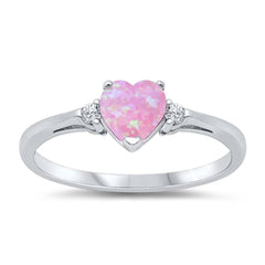 Sterling Silver Trendy Pink Opal Heart Ring with Clear CZ on Both SidesAnd Face Height 6 mm