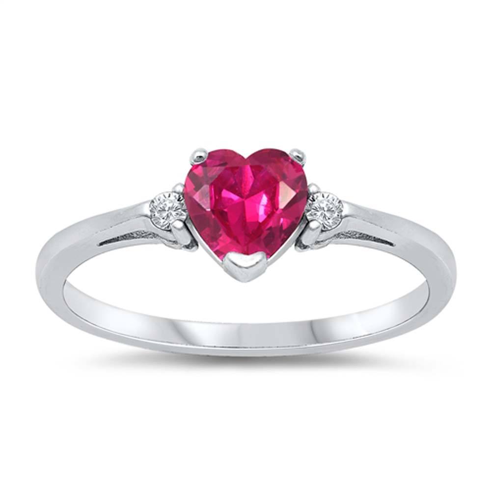 Sterling Silver Trendy Ruby Red Heart Ring with Clear CZ on Both SidesAnd Face Height 6 mm