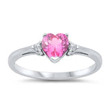 Sterling Silver Trendy Rose Pink Heart Ring with Clear CZ on Both SidesAnd Face Height 6 mm