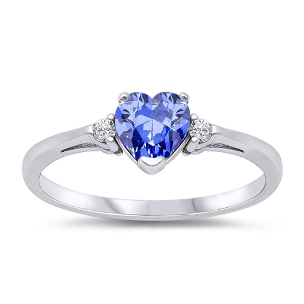 Sterling Silver Trendy Tanzanite Heart Ring with Clear CZ on Both SidesAnd Face Height 6 mm