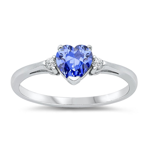 Sterling Silver Trendy Tanzanite Heart Ring with Clear CZ on Both SidesAnd Face Height 6 mm