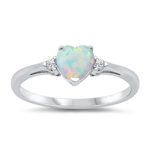 Sterling Silver Trendy White Lab Opal Heart Ring with Clear Cz on Both SidesAnd Face Height of 6MM