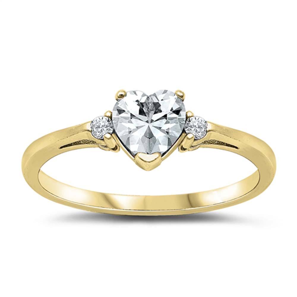 Sterling Silver Gold Plated Ring with Clear CZ Heart and Face Height of 5 mm