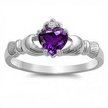 Load image into Gallery viewer, Sterling Silver Claddagh Amethyst CZ Ring