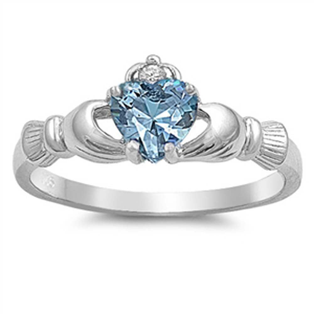 Sterling Silver Claddagh Crown Heart Ring with Centered Aquamarine CZ Heart & Small Clear CZ on Crown, Face Height of 9MM