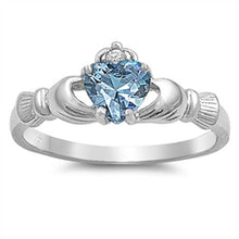 Load image into Gallery viewer, Sterling Silver Claddagh Crown Heart Ring with Centered Aquamarine Heart Simulated Diamond &amp; Small Clear Simulated Diamond on CrownAnd Face Height of 9mm