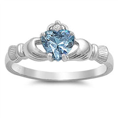 Sterling Silver Claddagh Crown Heart Ring with Centered Aquamarine Heart Simulated Diamond & Small Clear Simulated Diamond on CrownAnd Face Height of 9mm