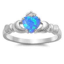 Load image into Gallery viewer, Sterling Silver Modish Claddagh with Blue Lab Opal Heart and Clear CZ On Top Design RingAnd Face Height of 9MM