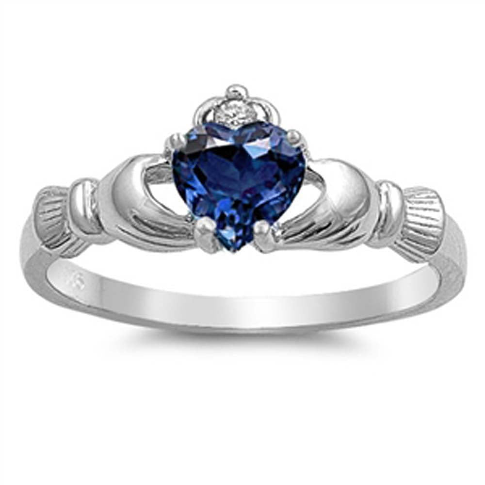 Sterling Silver Claddagh Crown Heart Ring with Centered Blue Sapphire CZ Heart & Small Clear CZ on Crown, Face Height of 9MM