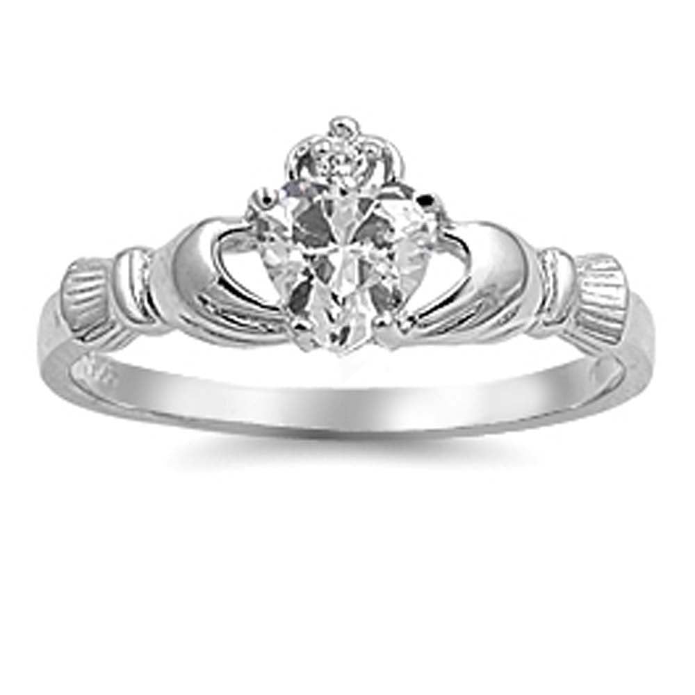 Sterling Silver Claddagh Crown Heart Ring with Centered Clear CZ Heart & Small Clear CZ on Crown, Face Height of 9mm