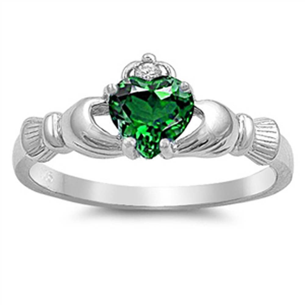 Sterling Silver Claddagh Crown Heart Ring with Centered Emerald CZ Heart & Small Clear CZ on Crown, Face Height of 9MM