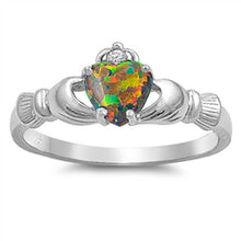 Load image into Gallery viewer, Sterling Silver Modish Claddagh with Black Lab Opal Heart and Clear CZ On Top Design RingAnd Face Height of 9MM
