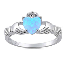 Load image into Gallery viewer, Sterling Silver Modish Claddagh with Light Blue Lab Opal Heart and Clear CZ On Top Design RingAnd Face Height of 9MM