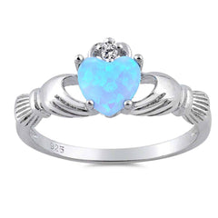 Sterling Silver Modish Claddagh with Light Blue Lab Opal Heart and Clear CZ On Top Design RingAnd Face Height of 9MM