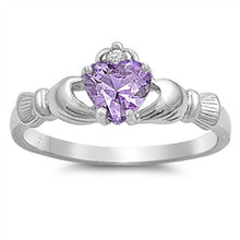 Load image into Gallery viewer, Sterling Silver Claddagh Crown Heart Ring with Centered Lavender Heart Simulated Diamond &amp; Small Clear Simulated Diamond on CrownAnd Face Height of 9mm