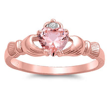 Load image into Gallery viewer, Sterling Silver Rose Gold Plated Heart Shaped Pink Champagne CZ RingsAnd Face Height 9mm