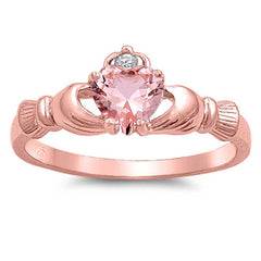 Sterling Silver Rose Gold Plated Heart Shaped Pink Champagne CZ RingsAnd Face Height 9mm