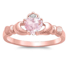 Load image into Gallery viewer, Sterling Silver Rose Gold Plated Claddagh Shaped Clear CZ Ring With Pink Morganite StoneAnd Face Height 9mm