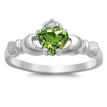 Load image into Gallery viewer, Sterling Silver Claddagh Crown Heart Ring with Centered Peridot Heart Simulated Diamond &amp; Small Clear Simulated Diamond on CrownAnd Face Height of 9mm