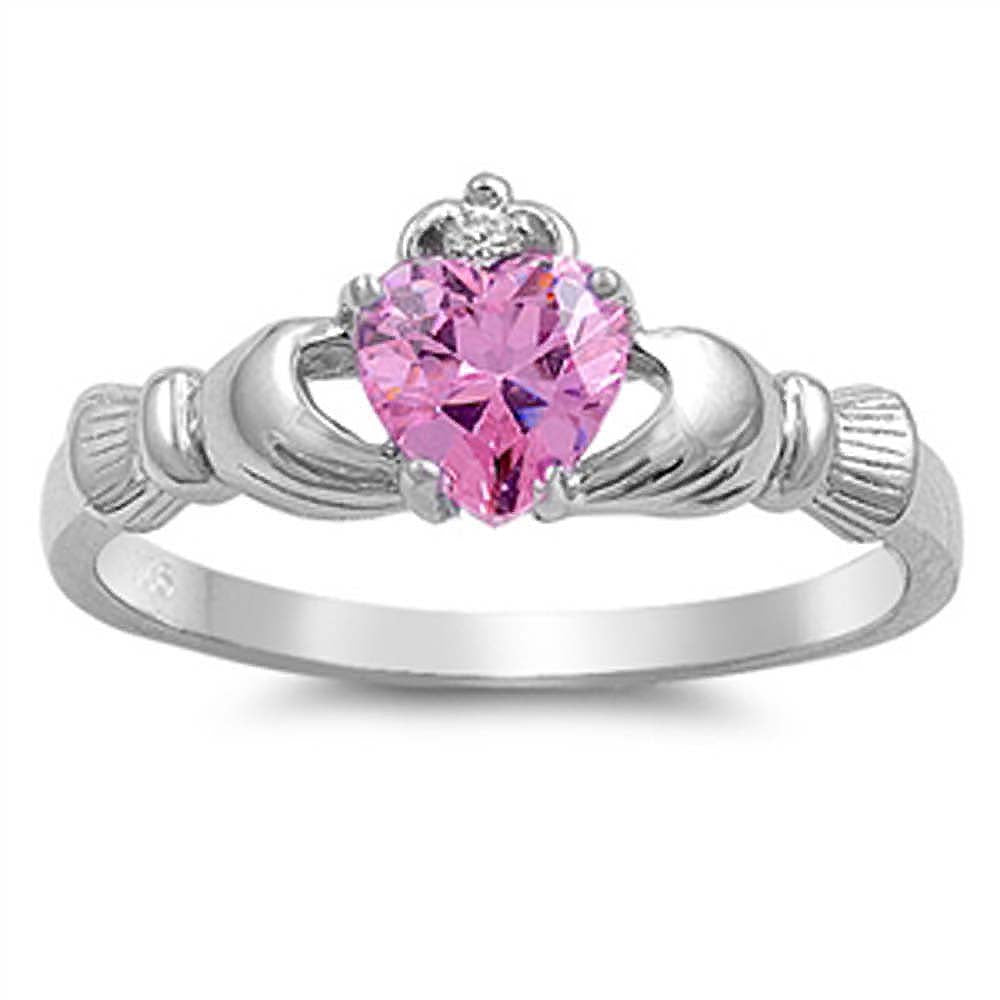 Sterling Silver Claddagh Crown Heart Ring with Centered Pink CZ Heart & Small Clear CZ on Crown, Face Height of 9MM