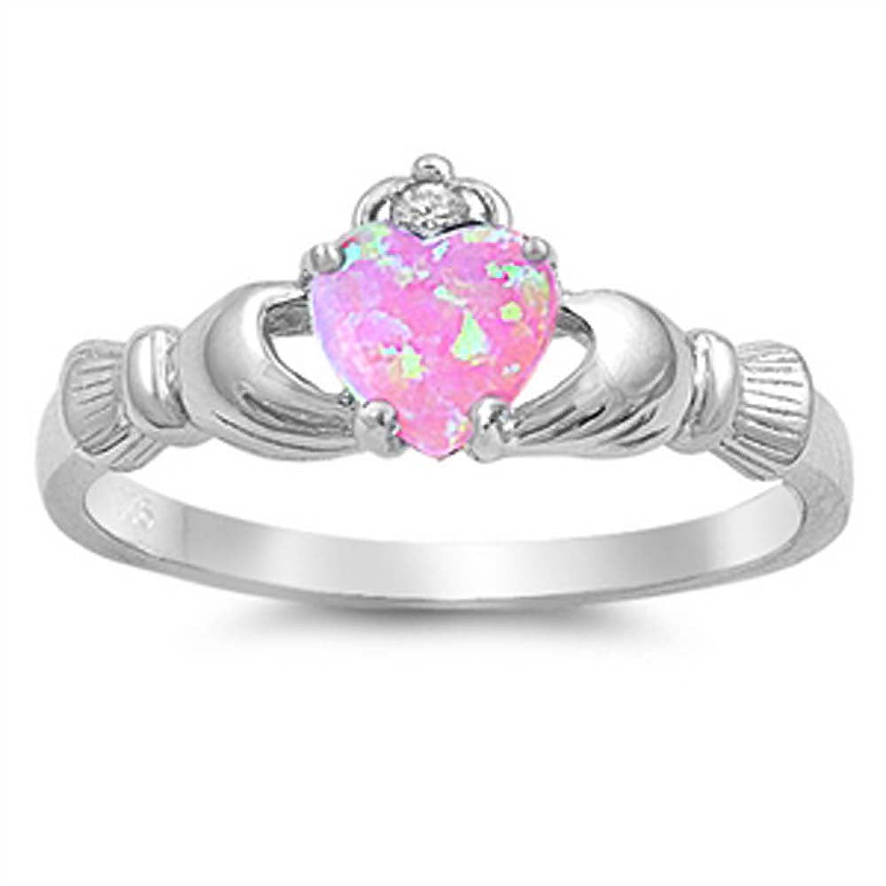 Sterling Silver Modish Claddagh with Pink Lab Opal Heart and Clear CZ On Top Design RingAnd Face Height of 9MM