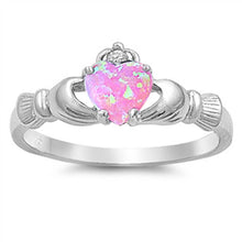 Load image into Gallery viewer, Sterling Silver Modish Claddagh with Pink Lab Opal Heart and Clear CZ On Top Design RingAnd Face Height of 9MM