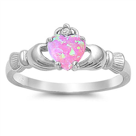 Sterling Silver Modish Claddagh with Pink Lab Opal Heart and Clear CZ On Top Design RingAnd Face Height of 9MM