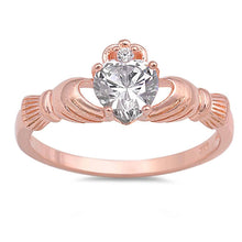Load image into Gallery viewer, Sterling Silver Rose Gold Plated Claddagh Ring with Clear CZAnd Face Height of  9 mm