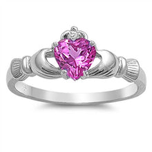 Load image into Gallery viewer, Sterling Silver Claddagh Crown Heart Ring with Centered Rose Pink Heart Simulated Diamond &amp; Small Clear Simulated Diamond on CrownAnd Face Height of 9mm