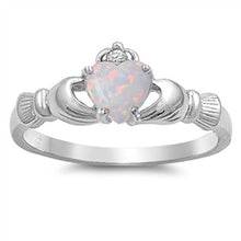 Load image into Gallery viewer, Sterling Silver Modish Claddagh with White Lab Opal Heart and Clear CZ On Top Design RingAnd Face Height of 9MM