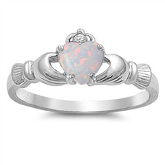 Sterling Silver Modish Claddagh with White Lab Opal Heart and Clear CZ On Top Design RingAnd Face Height of 9MM