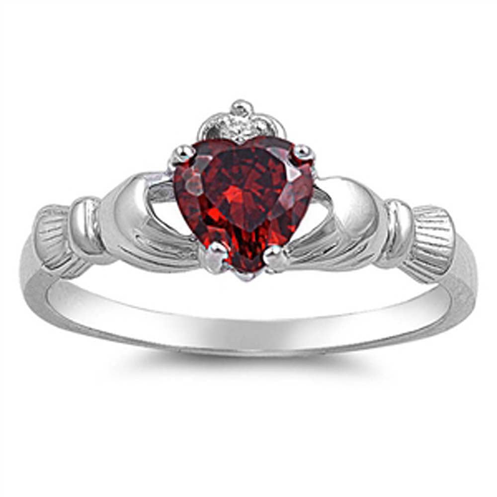 Sterling Silver Claddagh Crown Heart Ring with Centered Garnet Heart Simulated Diamond & Small Clear Simulated Diamond on CrownAnd Face Height of 9mm