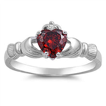 Load image into Gallery viewer, Sterling Silver Claddagh Crown Heart Ring with Centered Garnet Heart Simulated Diamond &amp; Small Clear Simulated Diamond on CrownAnd Face Height of 9mm