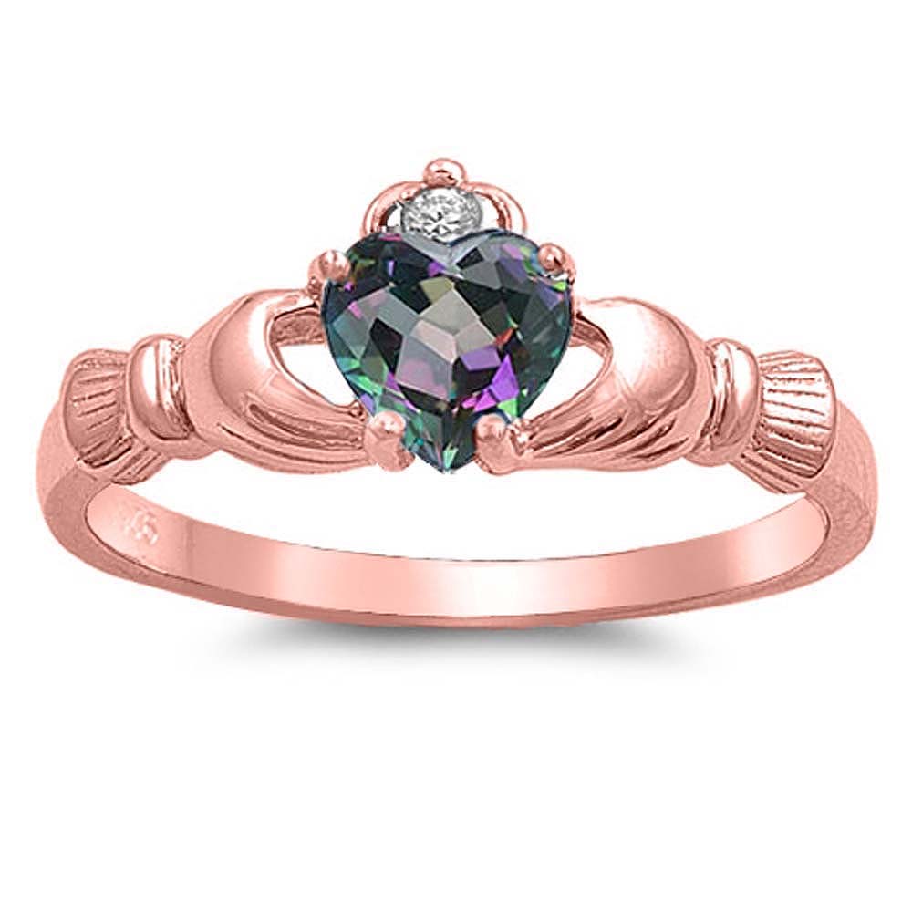 Sterling Silver Claddagh Crown Heart Ring with Centered Rainbow Heart CZ & Small Clear CZ on Crown, Face Height of 9mm