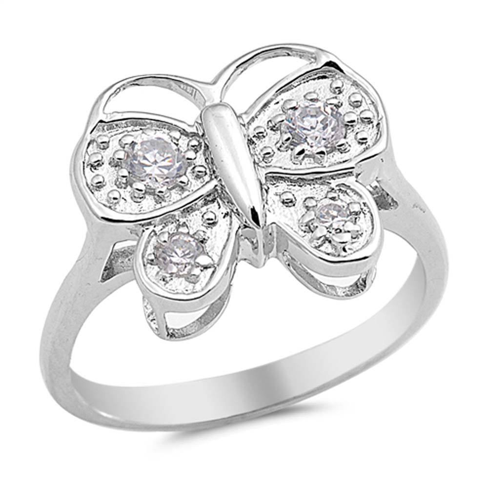 Sterling Silver Butterfly Shaped Clear CZ RingAnd Face Height 14mm