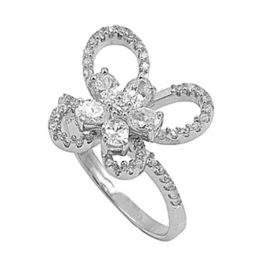 Sterling Silver Flower Shaped Clear CZ RingAnd Face Height 16mmAnd Band Width 2mm