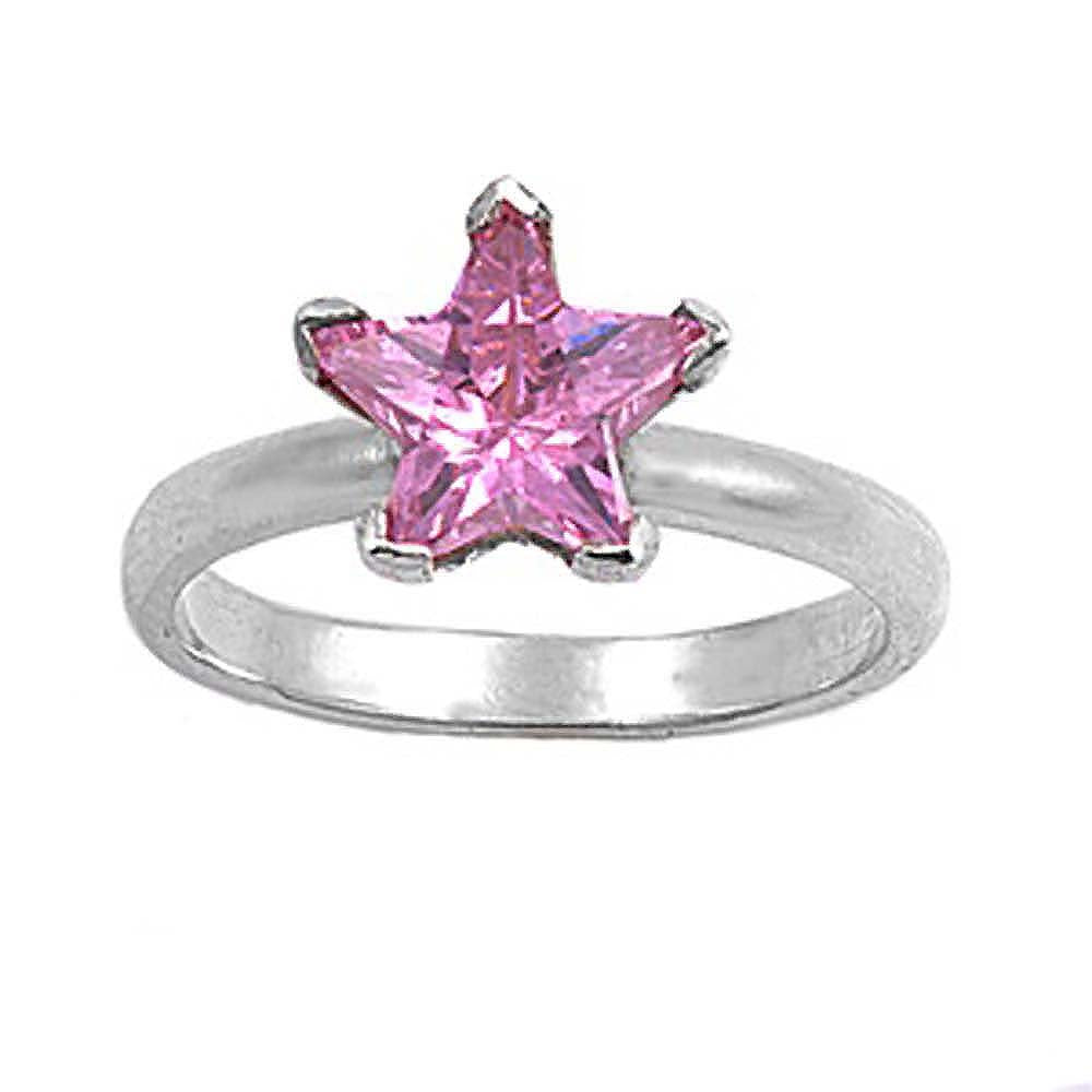 Sterling Silver Pink Star Shaped CZ RingAnd Face Height 10mmAnd Band Width 2mm