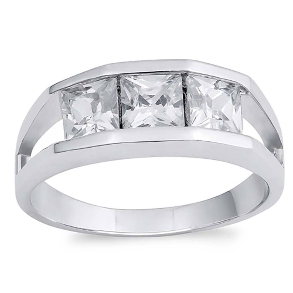 Sterling Silver Three Stones Square Shaped Clear CZ RingAnd Face Height 7mmAnd Band Width 3mm