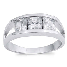 Load image into Gallery viewer, Sterling Silver Three Stones Square Shaped Clear CZ RingAnd Face Height 7mmAnd Band Width 3mm