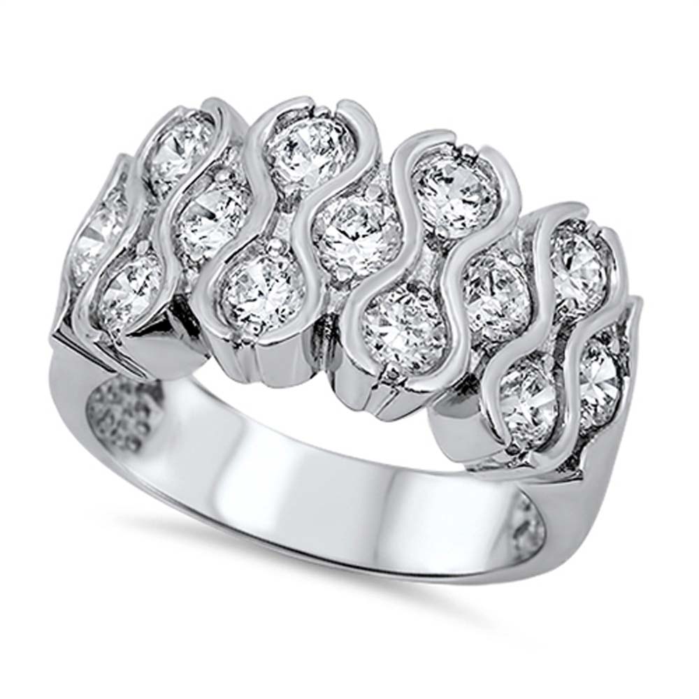 Sterling Silver Waves Shaped Clear CZ RingAnd Face Height 12mm