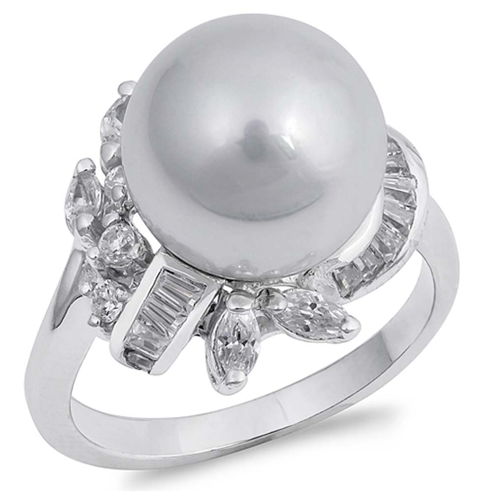 Sterling Silver Round Pearl Shaped Clear CZ RingAnd Face Height 17mmAnd Band Width 2mm