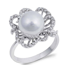 Load image into Gallery viewer, Sterling Silver Flower With Pearl Shaped Clear CZ RingAnd Face Height 17mmAnd Band Width 3mm