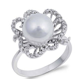 Sterling Silver Flower With Pearl Shaped Clear CZ RingAnd Face Height 17mmAnd Band Width 3mm