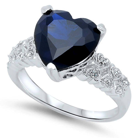 Sterling Silver Blue Sapphire Heart Shaped Clear CZ RingAnd Face Height 11mmAnd Band Width 2mm