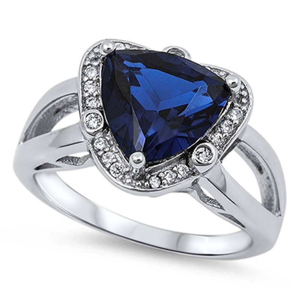 Sterling Silver Deep Blue Sapphire Trillion Shaped Clear CZ RingAnd Face Height 13mmAnd Band Width 3mm