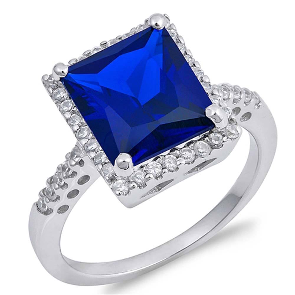 Sterling Silver Blue Sapphire Square Shaped Clear CZ RingAnd Face Height 13mmAnd Band Width 2mm