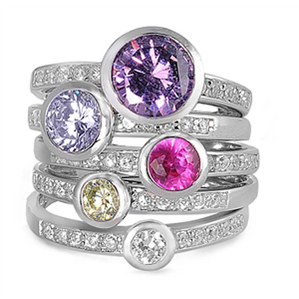 Sterling Silver Round Shaped Multicolor CZ Ring