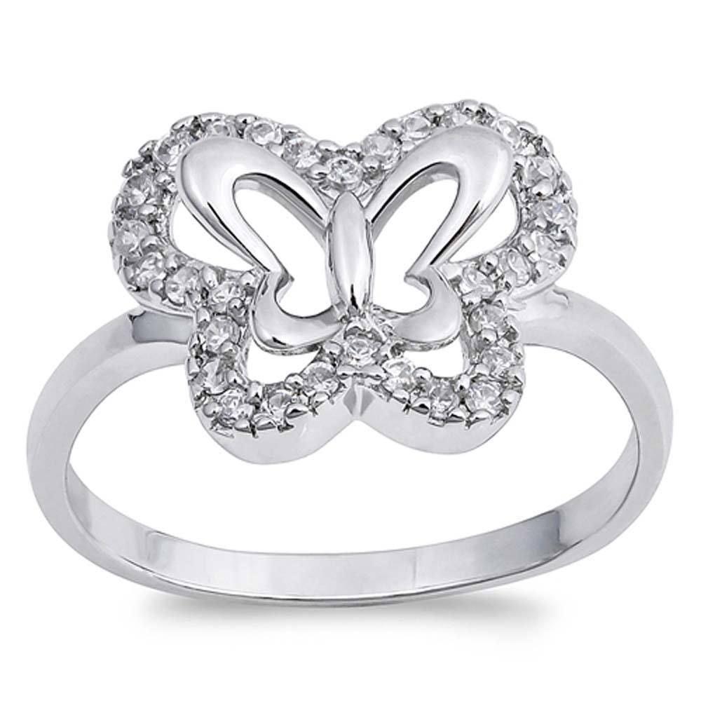 Sterling Silver Butterfly Shaped Clear CZ RingAnd Face Height 12mm